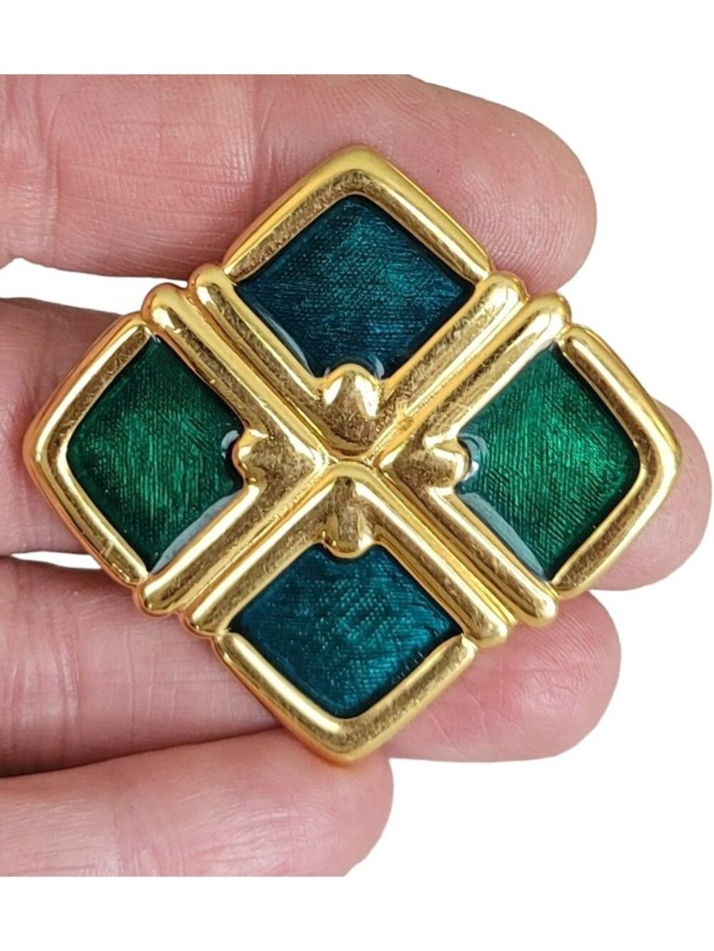 Monet Gold Tone Green Enamel Maltese Cross Style Brooch, Signed K62